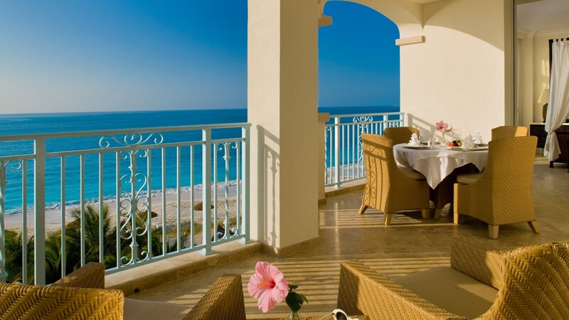 Balcony with Ocean View — Blue, Serene, Afternoon, Photograph, Table and Chairs