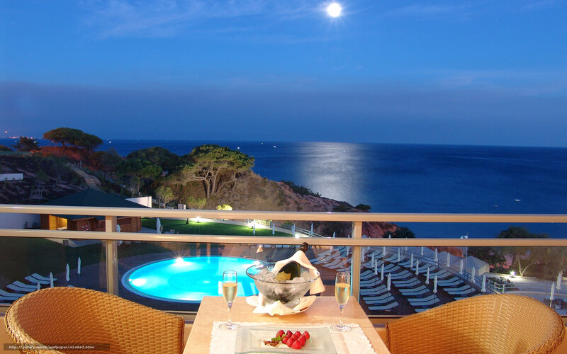Balcony with Pool View — Blue, Serene, Night