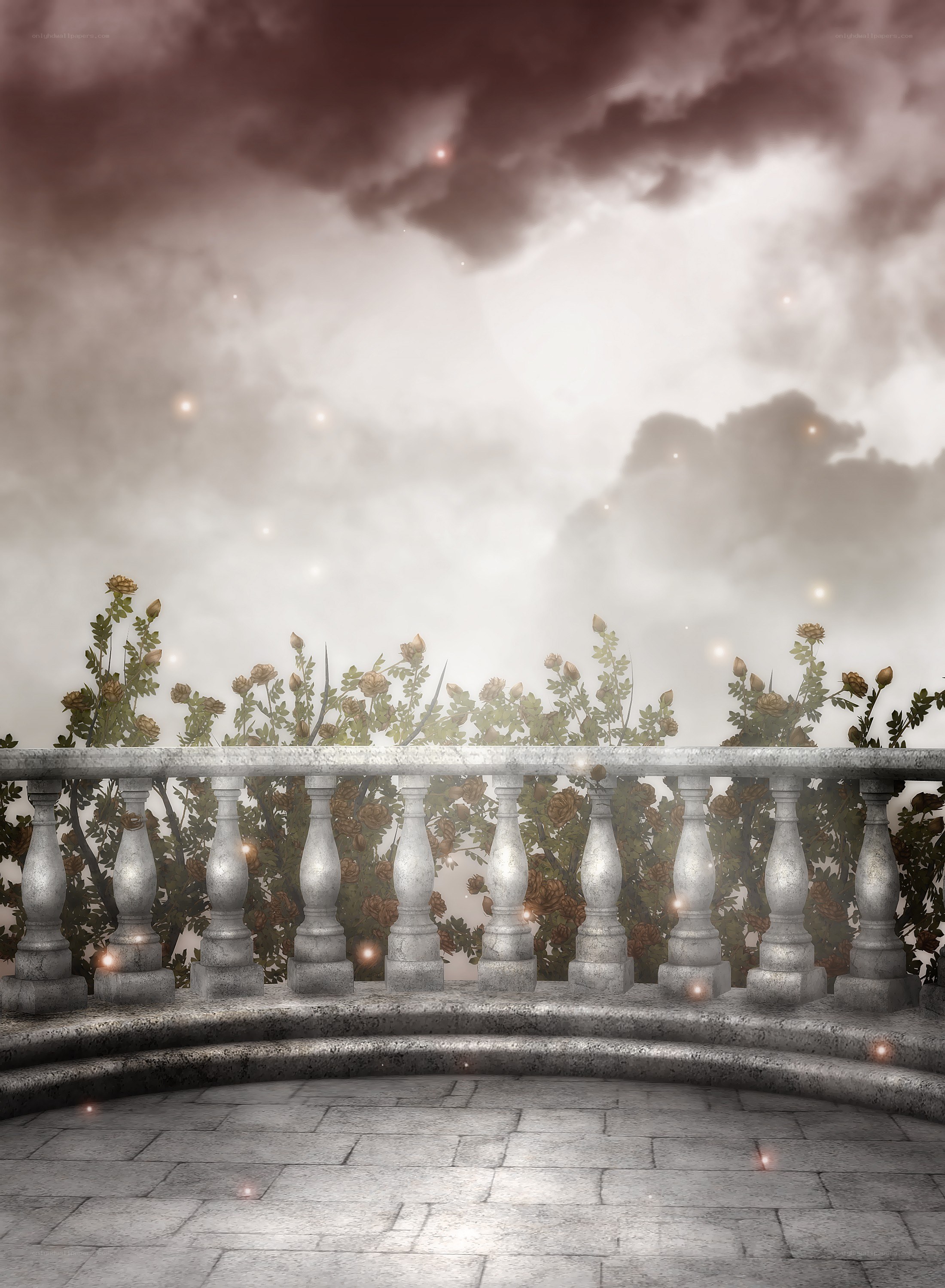 balcony with roses and clouds