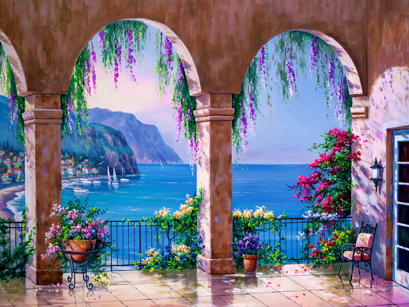 Balcony with Sea View — Blue, Serene, Afternoon, Painting, Flowers
