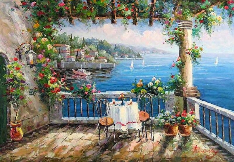 Balcony with Table and Flowers