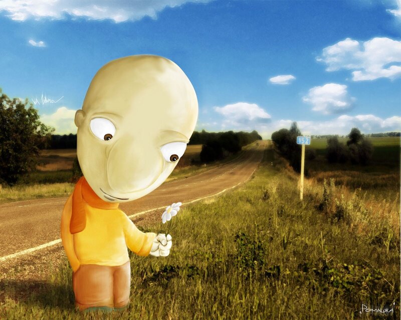 Bald character with flower