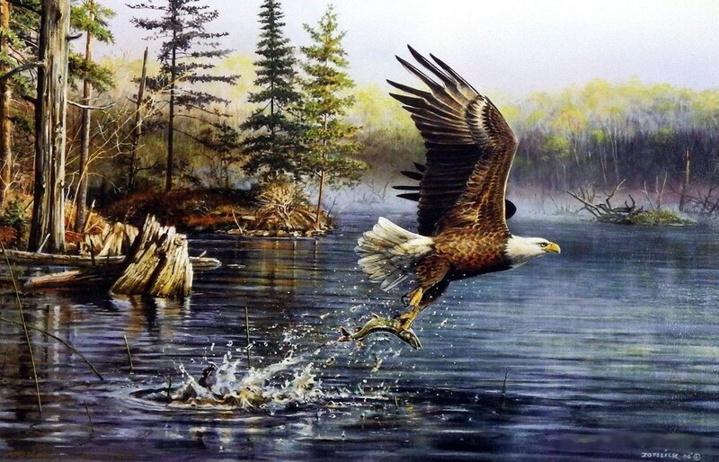 Bald Eagle Catching Fish — Blue, Dramatic, Morning, Painting