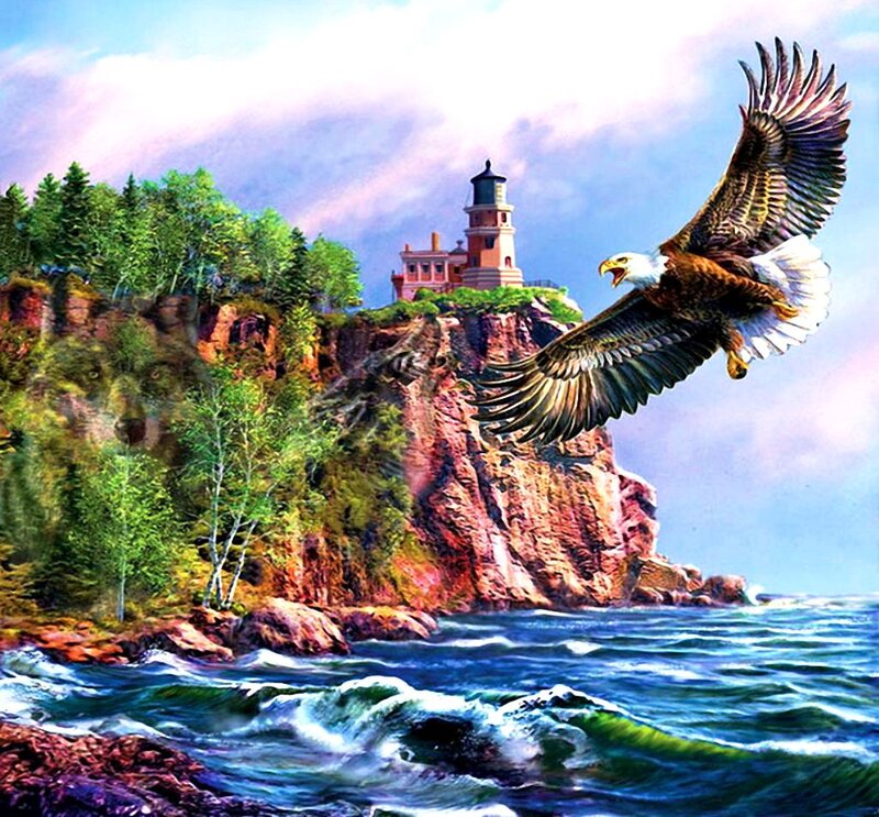 Bald Eagle Flying — Blue, Dramatic, Afternoon, Painting