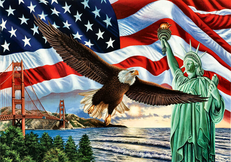 Bald Eagle Flying — Red, Patriotic, Sunset