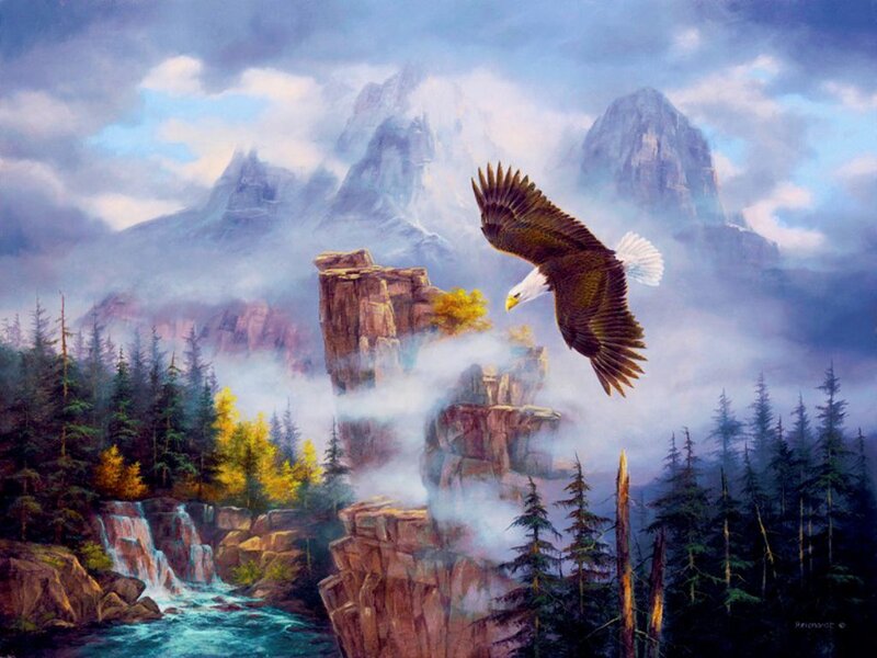 Bald Eagle in Flight — Blue, Dramatic, Painting, Mountains