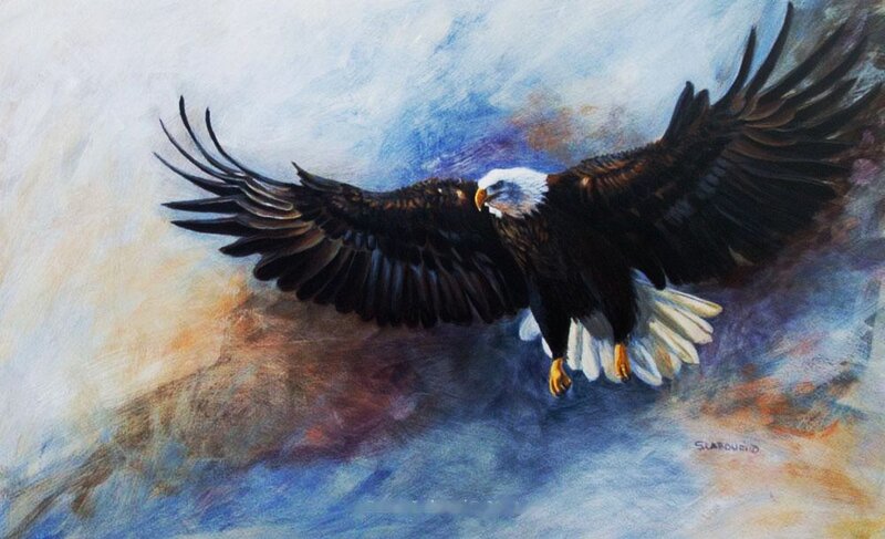 Bald Eagle in Flight — Blue, Dramatic, Painting, Wings