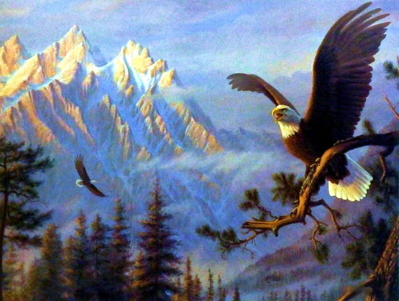 Bald Eagle in Flight — Blue, Dramatic, Sunrise, Painting, Mountains