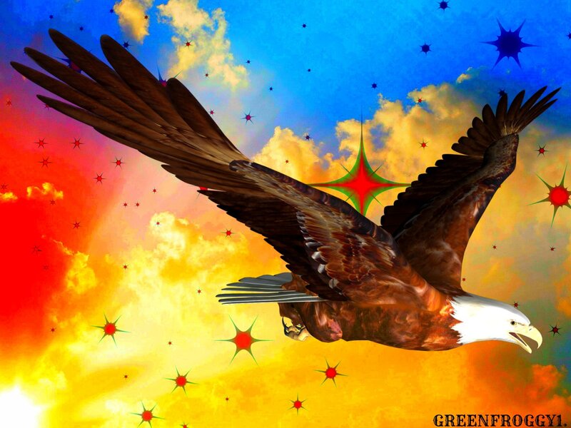 Bald Eagle in Flight — Blue, Dramatic, Sunset, Digital Art, Stars