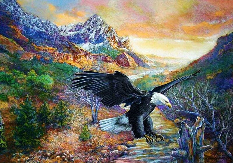 Bald Eagle in Flight — Blue, Dramatic, Sunset, Painting