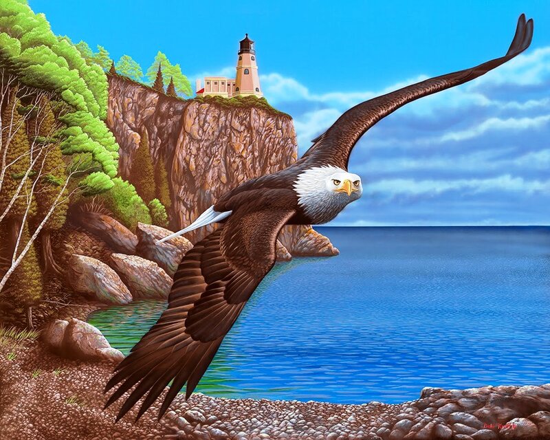 Bald Eagle in Flight — Blue, Serene, Afternoon, Painting