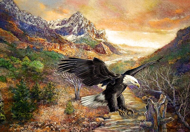 Bald Eagle in Flight — Brown, Dramatic, Sunset, Painting, Mountains