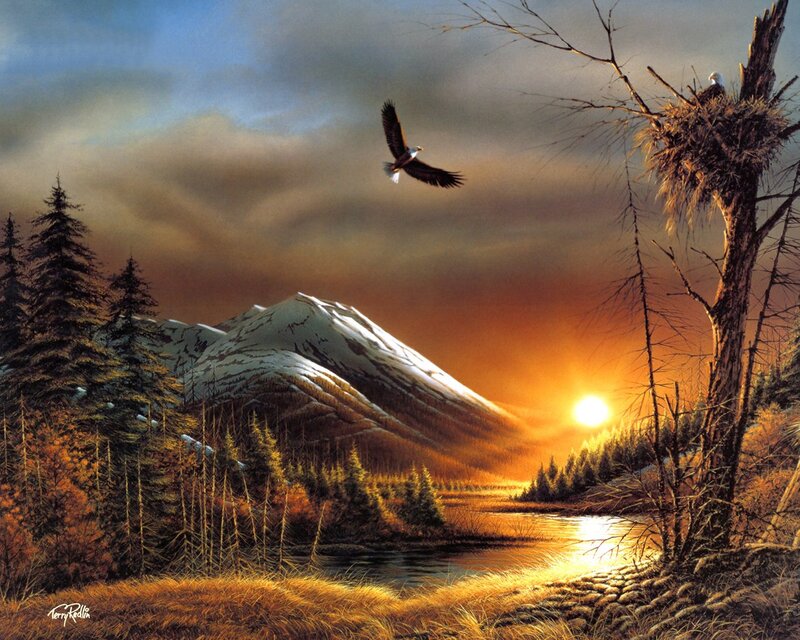 Bald Eagle in Flight — Orange, Dramatic, Sunset, Painting