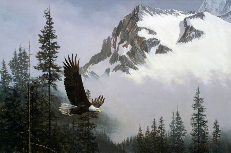 Bald Eagle in Flight — White, Dramatic, Painting