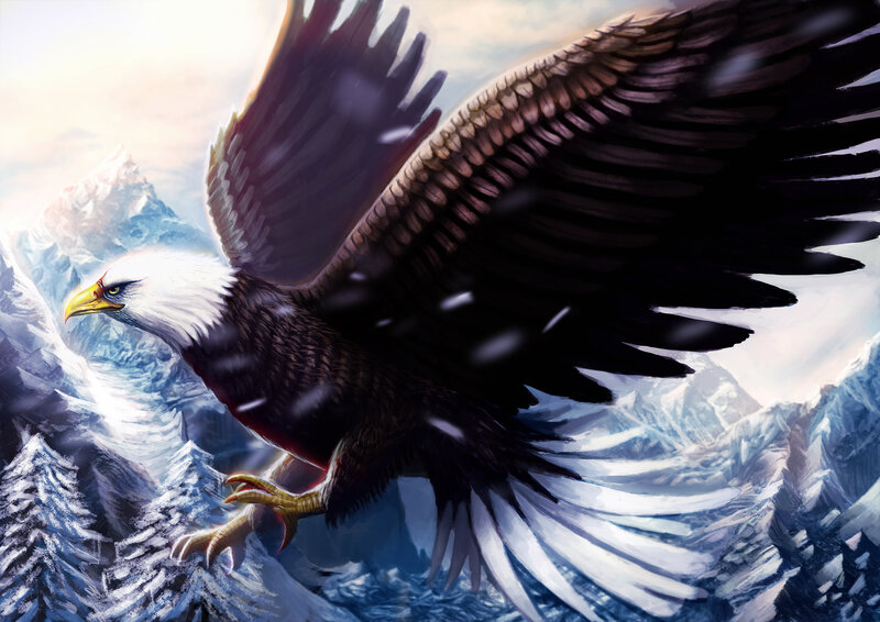 Bald Eagle in Flight — White, Dramatic, Winter, Digital Art, Mountains