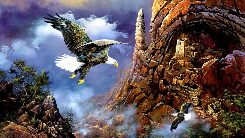 Bald Eagles Flying — Blue, Dramatic, Digital Art