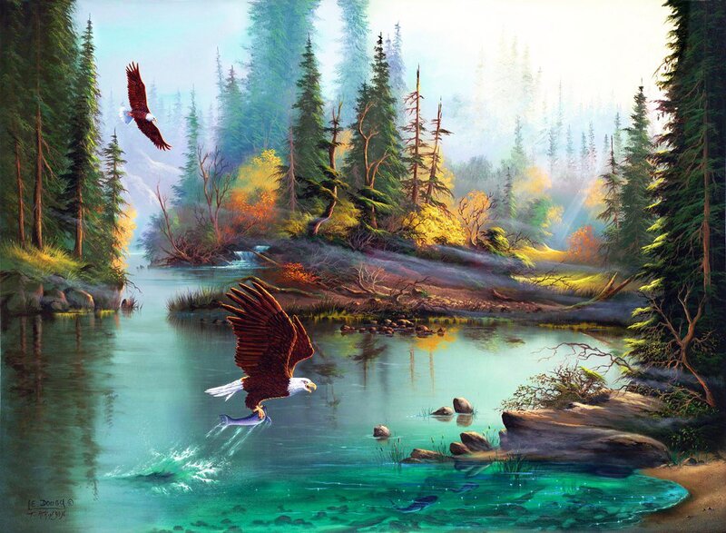 Bald Eagles Hunting Fish — Green