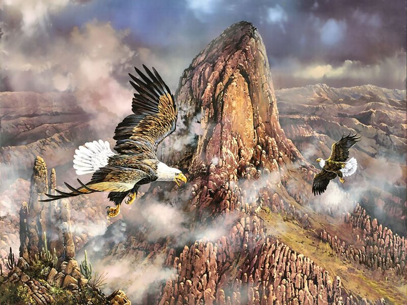 Bald Eagles in Flight — Brown, Dramatic, Painting, Mountain
