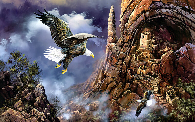 Bald Eagles in Flight — Brown, Dramatic, Painting