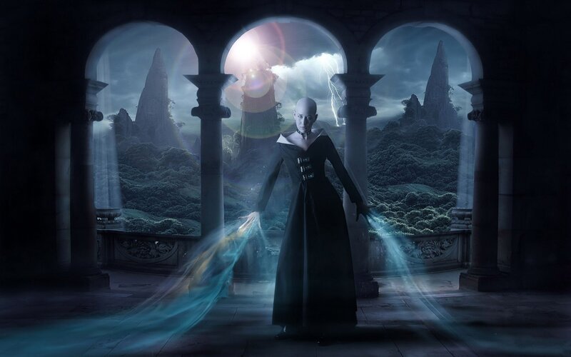 Bald figure in dark robe