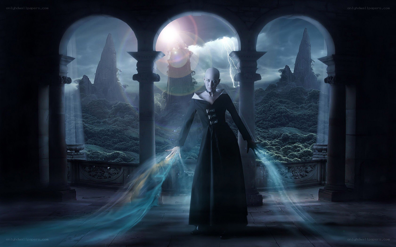 Bald figure in dark robe