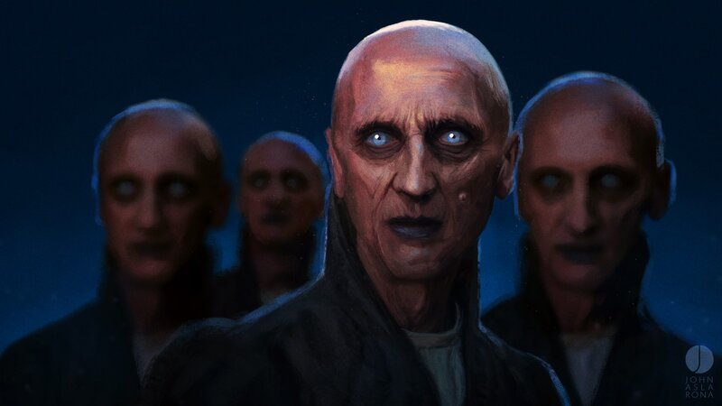Bald Figures in Dark Room