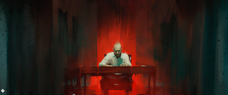 Bald Man at Desk — Red