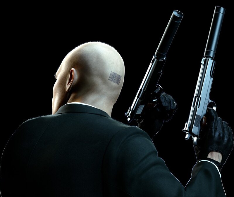 Bald Man Holding Guns — Black, Dramatic