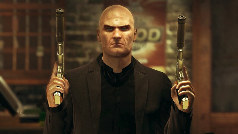 Bald Man Holding Guns — Black, Serious
