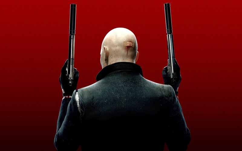 Bald Man Holding Guns — Red, Dramatic