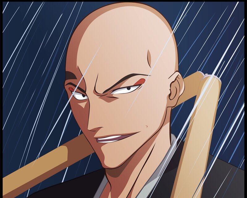 bald man in the rain