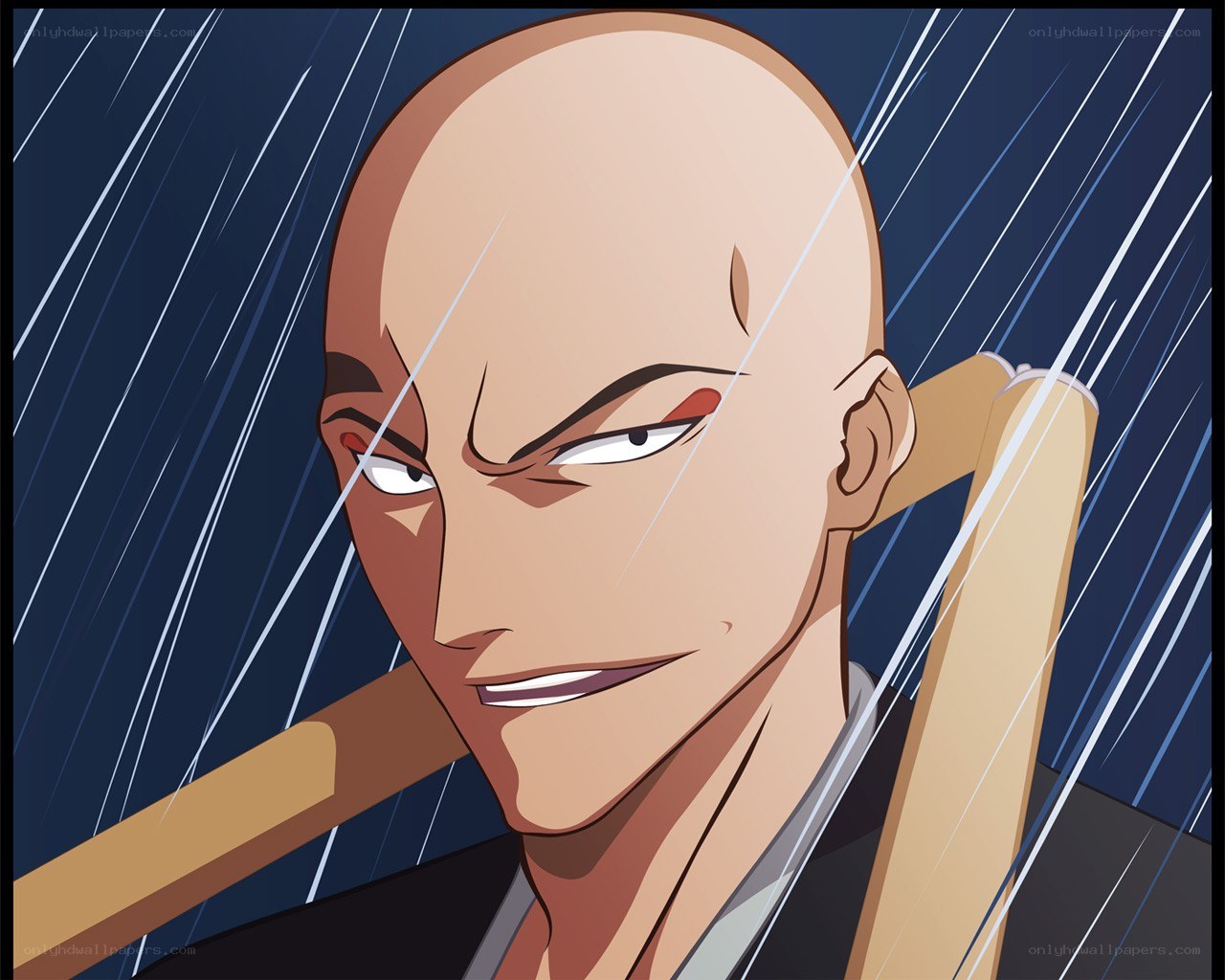 bald man in the rain