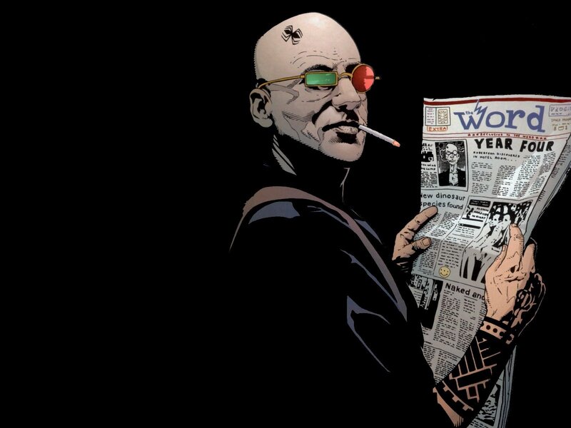 Bald man reading newspaper