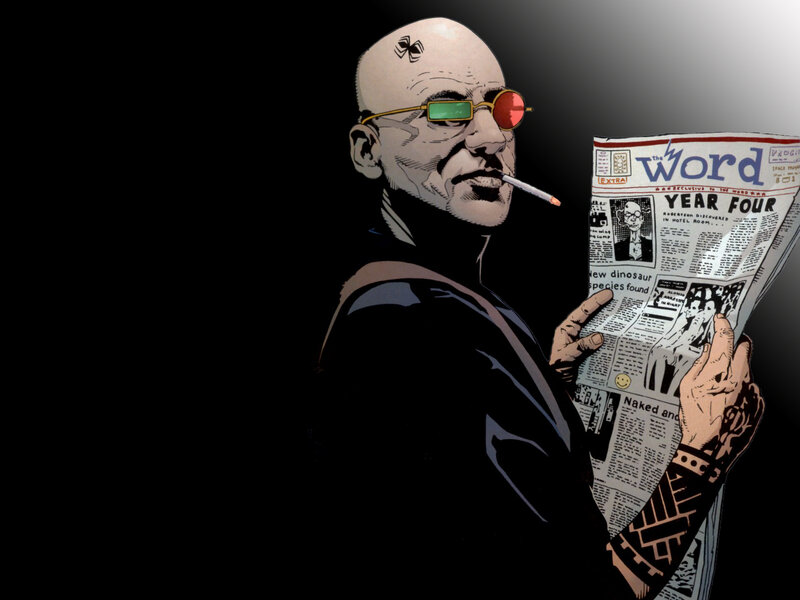 Bald man reading newspaper