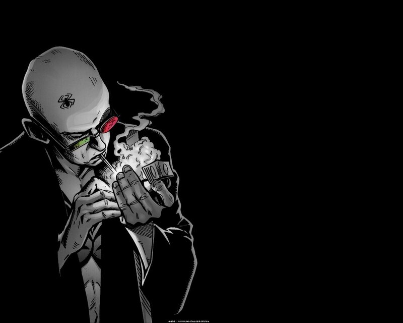 Bald Man Smoking — Black, Dark, Comic, Sunglasses, Suit