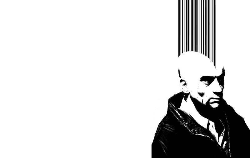 bald man with barcode