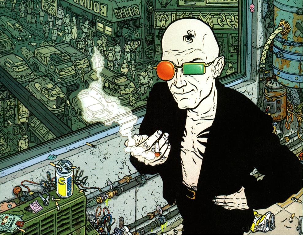 Bald man with goggles in city