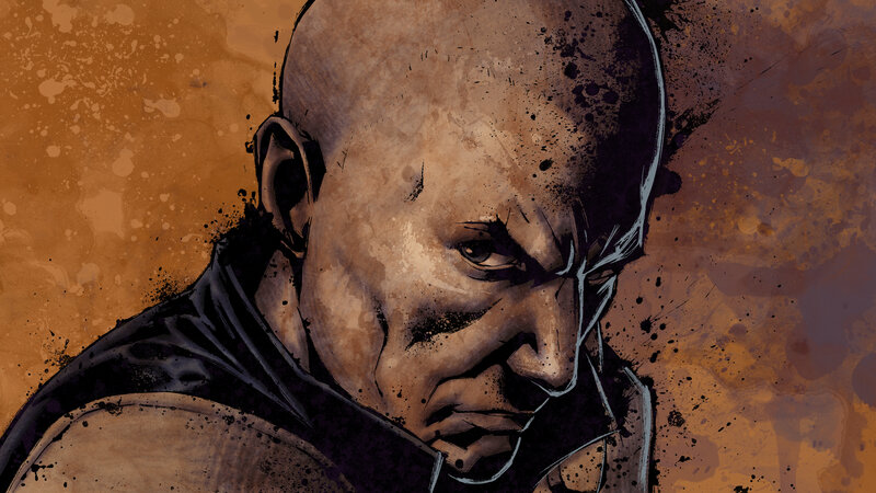bald man with intense gaze