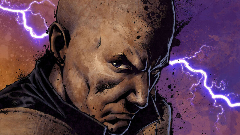 bald man with lightning
