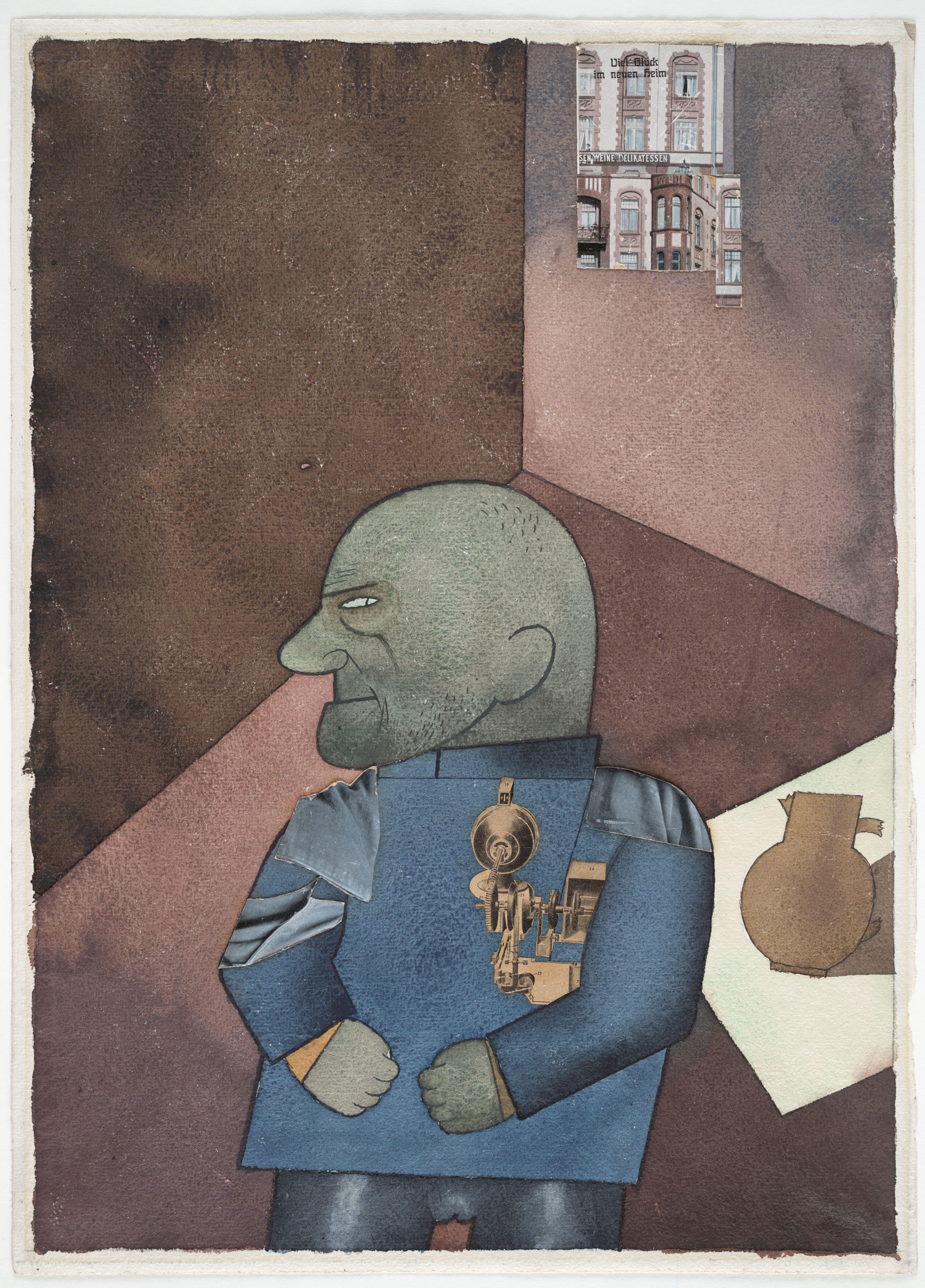 Bald man with mechanical device
