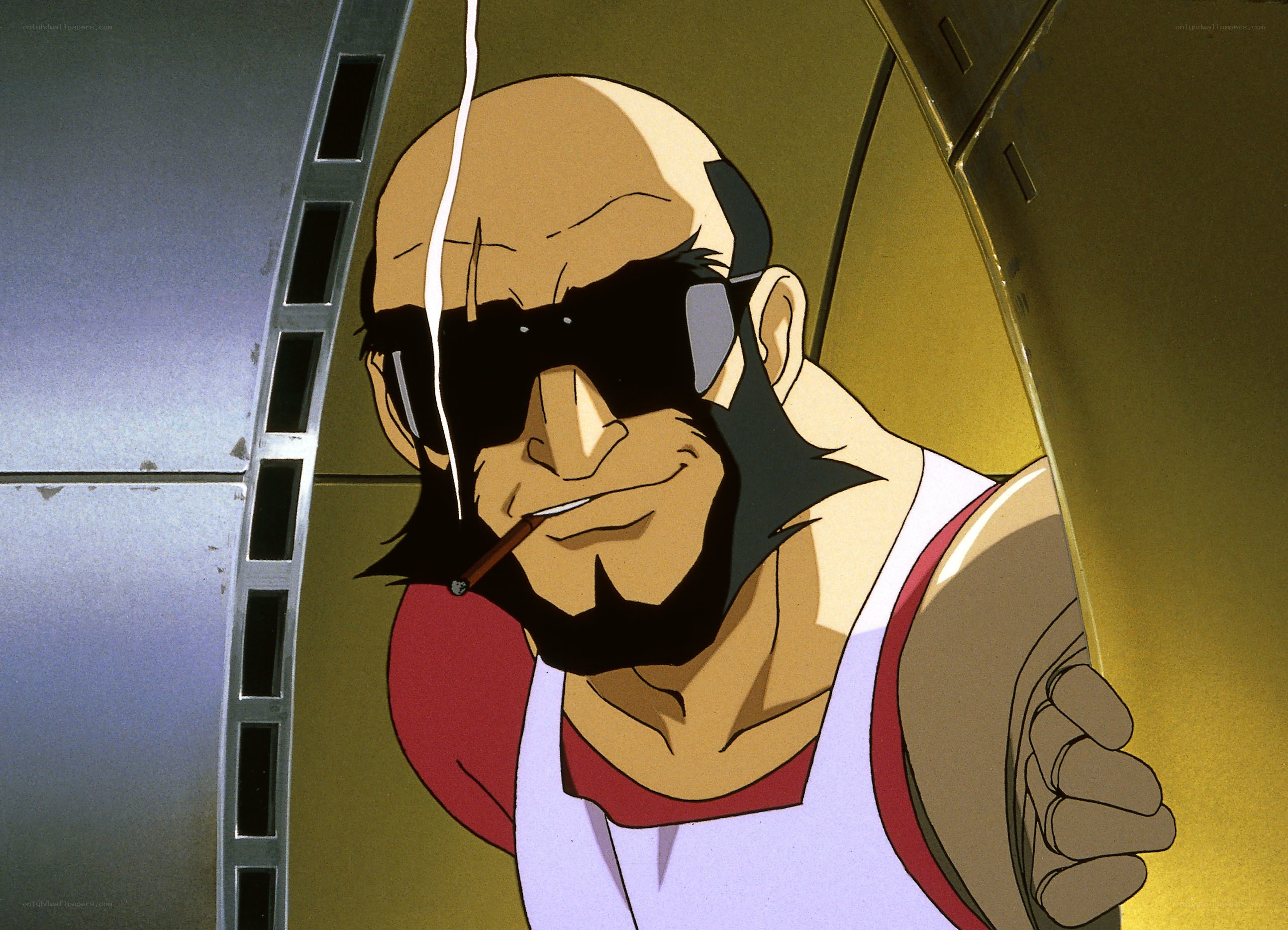 bald man with sunglasses and cigarette