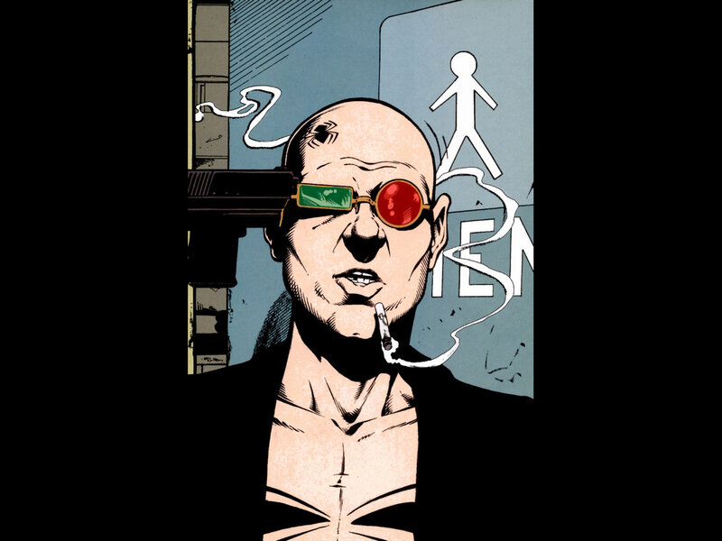 Bald man with sunglasses and gun