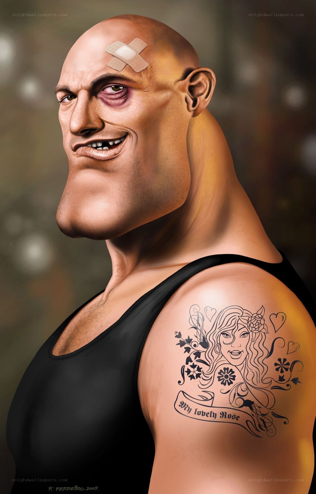 Bald man with tattoo