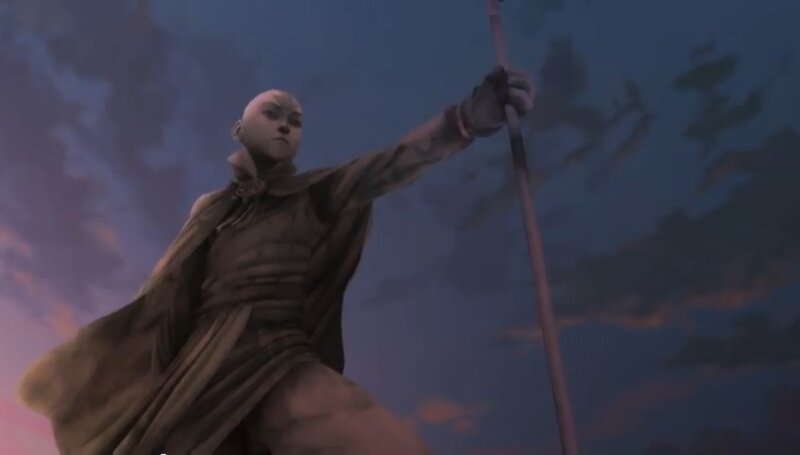 Bald Monk with Staff — Blue