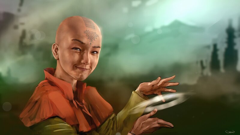 Bald Monk with Tattoos