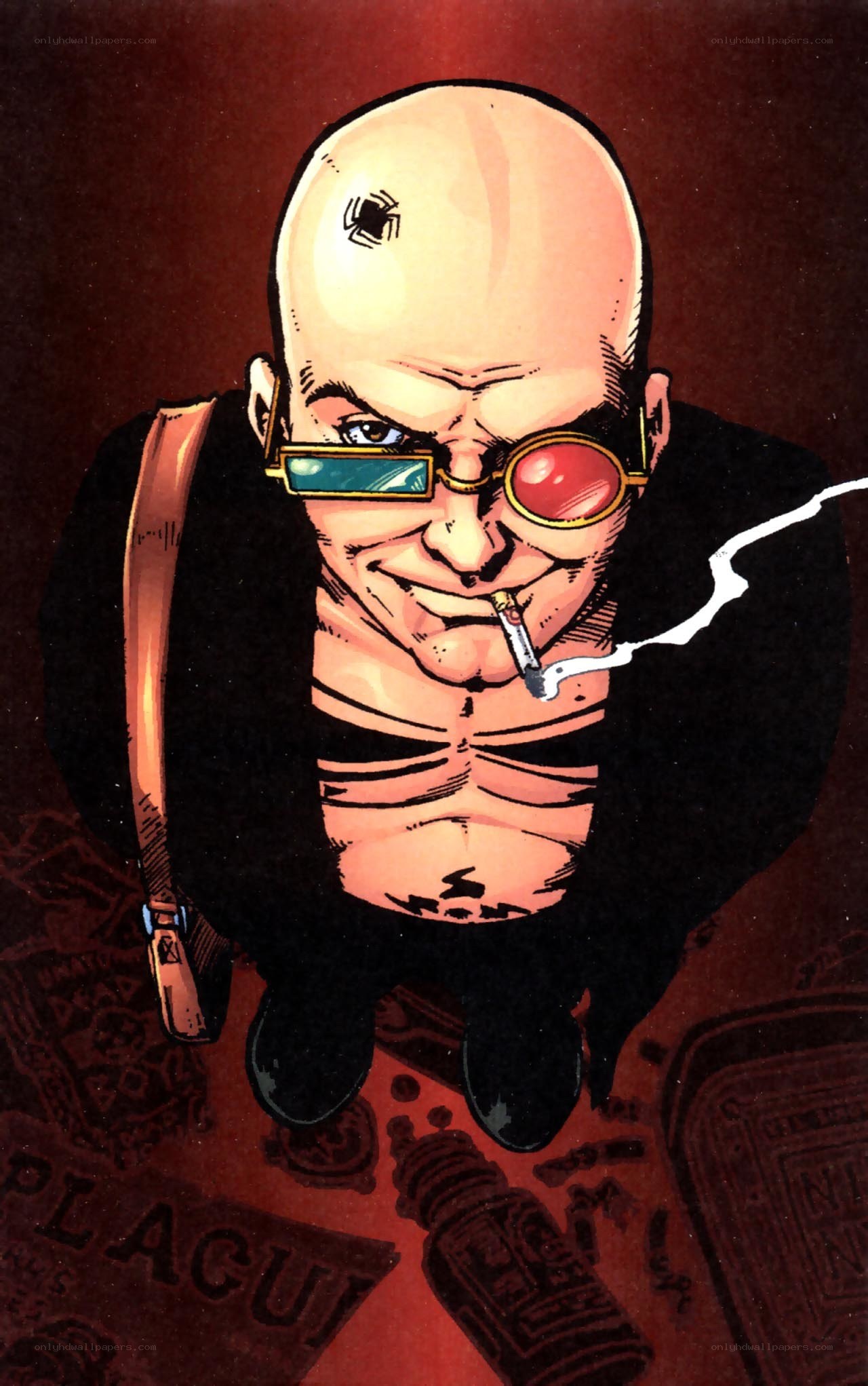 Bald villain with goggles