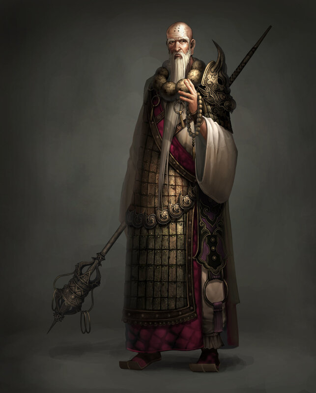Bald warrior monk with staff