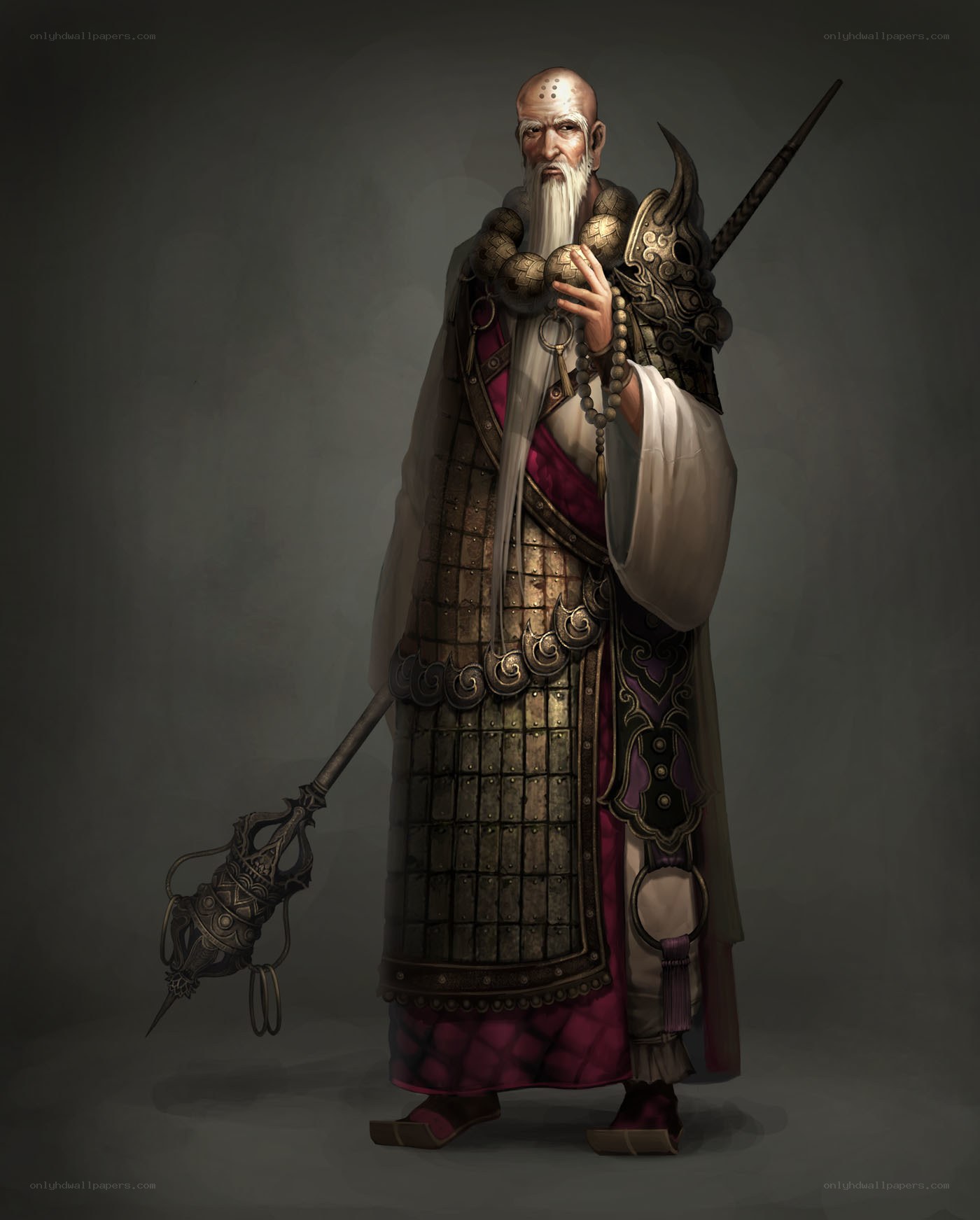 Bald warrior monk with staff