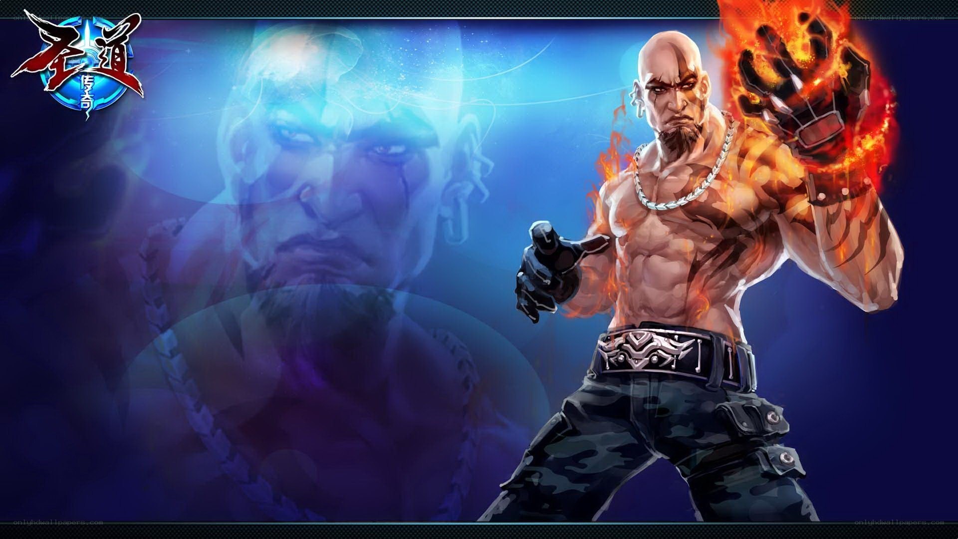 Bald warrior with fiery fist