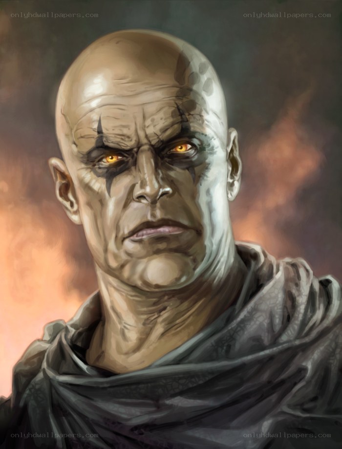 bald warrior with glowing eyes